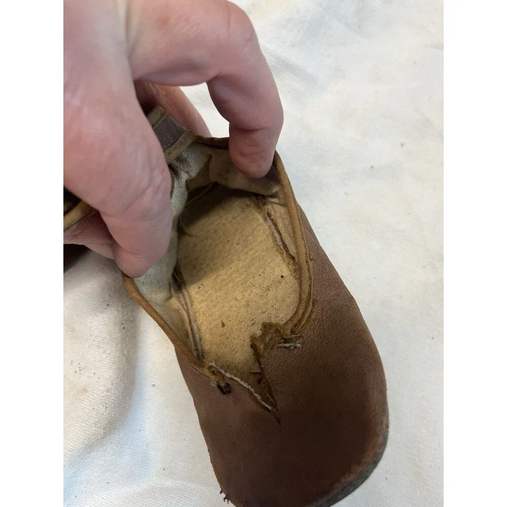 Antique Vintage Baby Shoes Brown Leather Ankle Strap Soft Sole Primitive